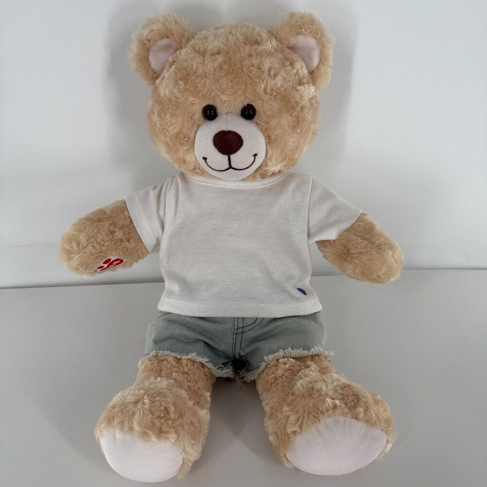 Build A Bear Tan Teddy Bear Plush White Shirt Denim Shorts BABW Stuffed Toy